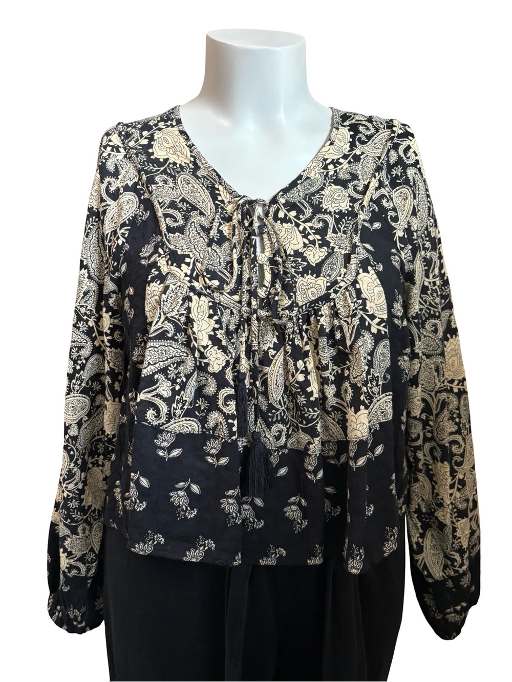 Muse Black and Cream Paisley Tie-Front Tunic